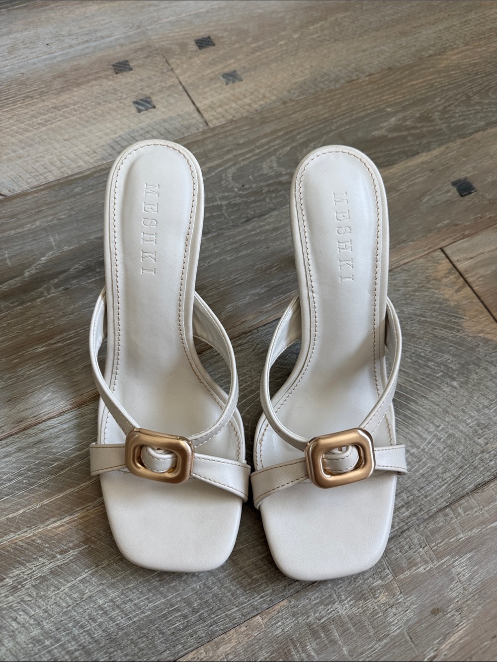 Meshki Cream Square-Toe Heeled Sandals with Gold Buckle